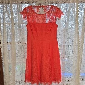 Elegant Lace Midi Dress in Coral